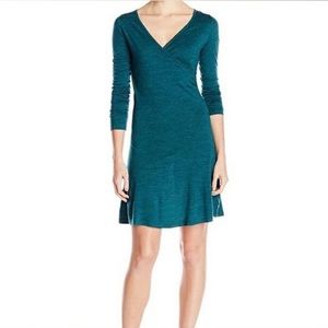𝅺PRANA Nadia Blue Wool Faux Wrap Short Sleeve Mini Dress Size XL Flare